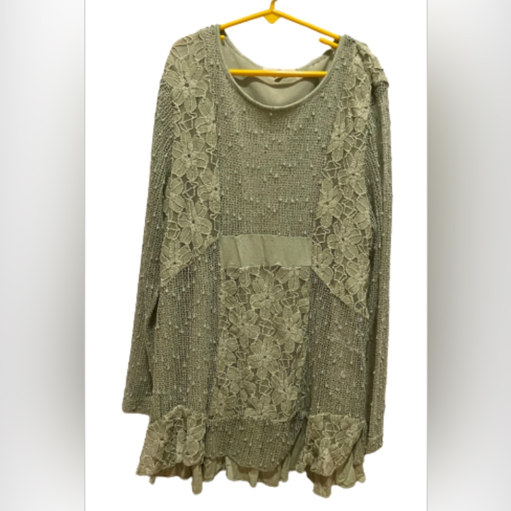 Vintage Sage Green Crochet Lace Long Sleeve Blouse Mesh Patchwork Boho Tunic S L